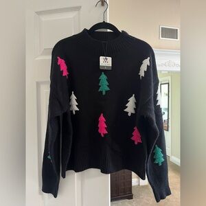 Michelle Mae Black Sweater with Pink, Green, and White Christmas Tree Patterns